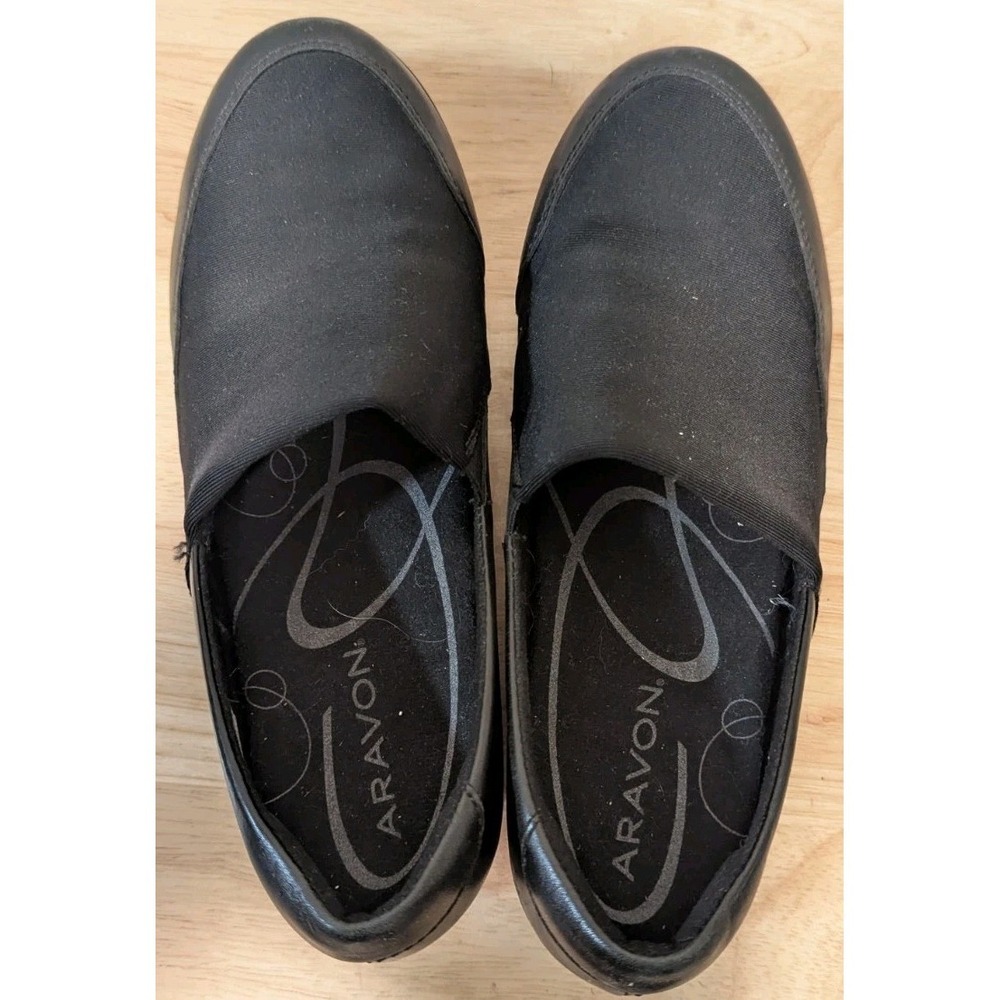 Aravon Abbey A Line Women 7.5 Leather Slip-On Shoes Aetrex Insoles Black Comfort - Picture 6 of 8
